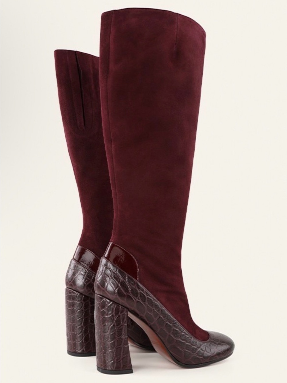 Chie Mihara Burgundy Suede Over-the-Knee Boots with Croc-Embossed Block Heel